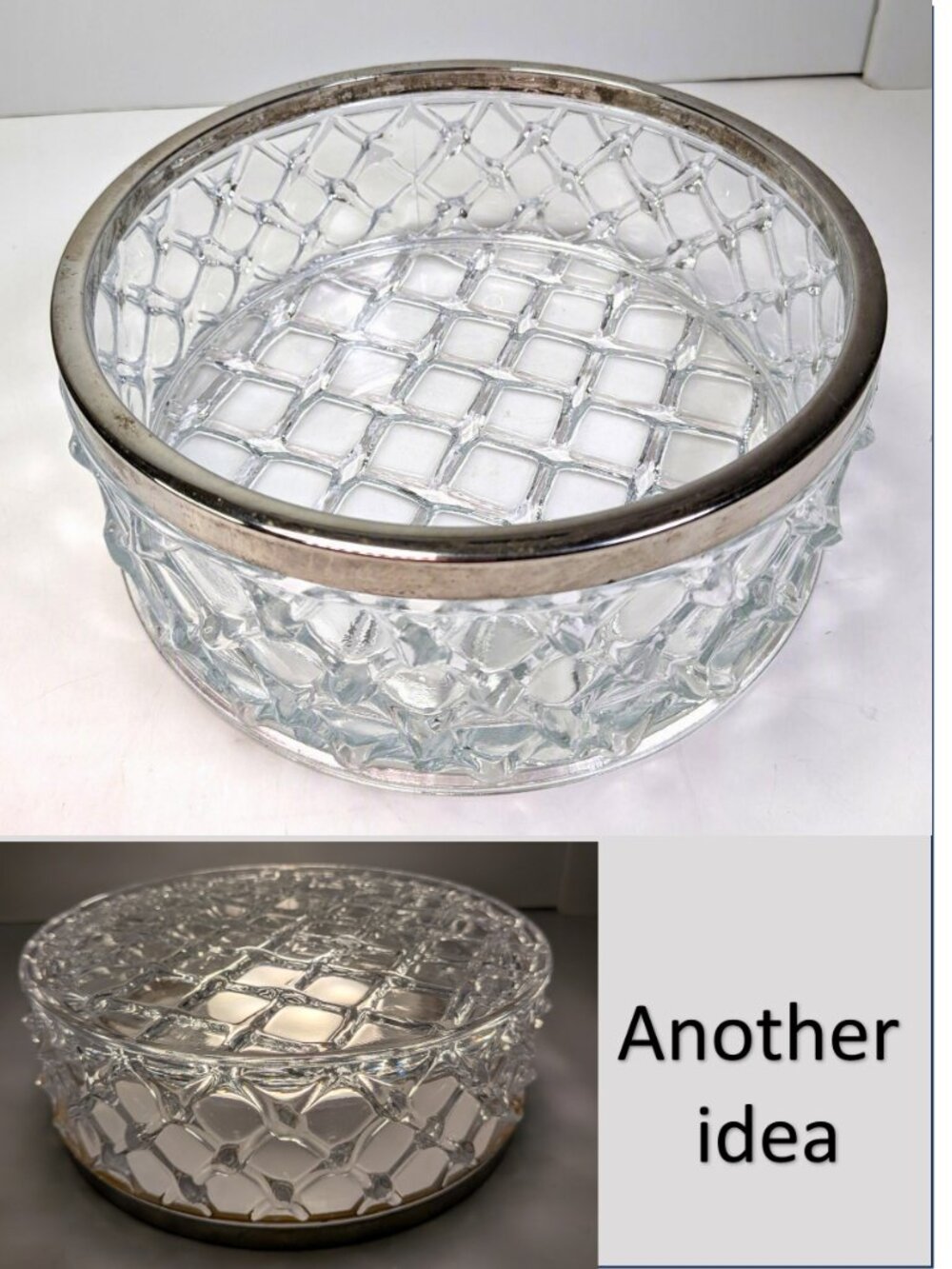 VTG 60s/70s Mid Century Heavy Pressed Glass Cake Riser Silver Rim Bowl Textured
